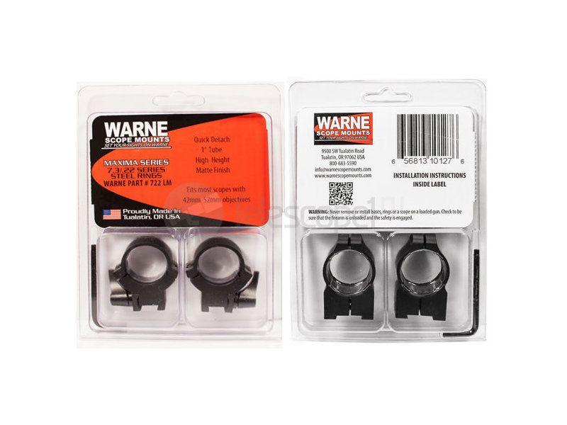 Кольца быстросъемные Warne 7.3/22 на ласточкин хвост, 25.4 мм, QD High (722LM)
